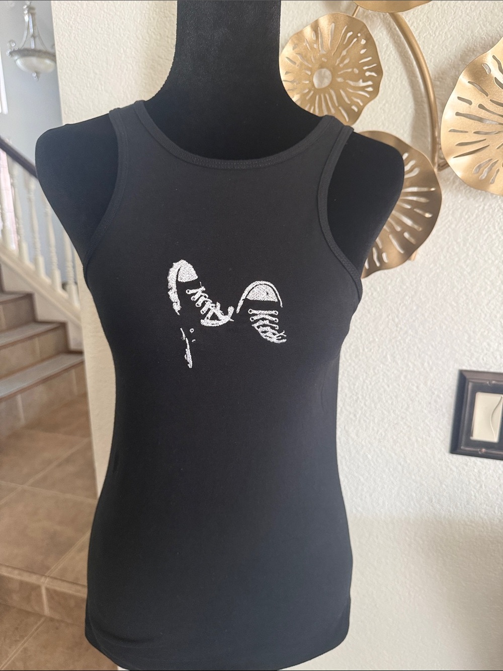 American Apparel Black Tank with White Embroidered Sneaker Graphic